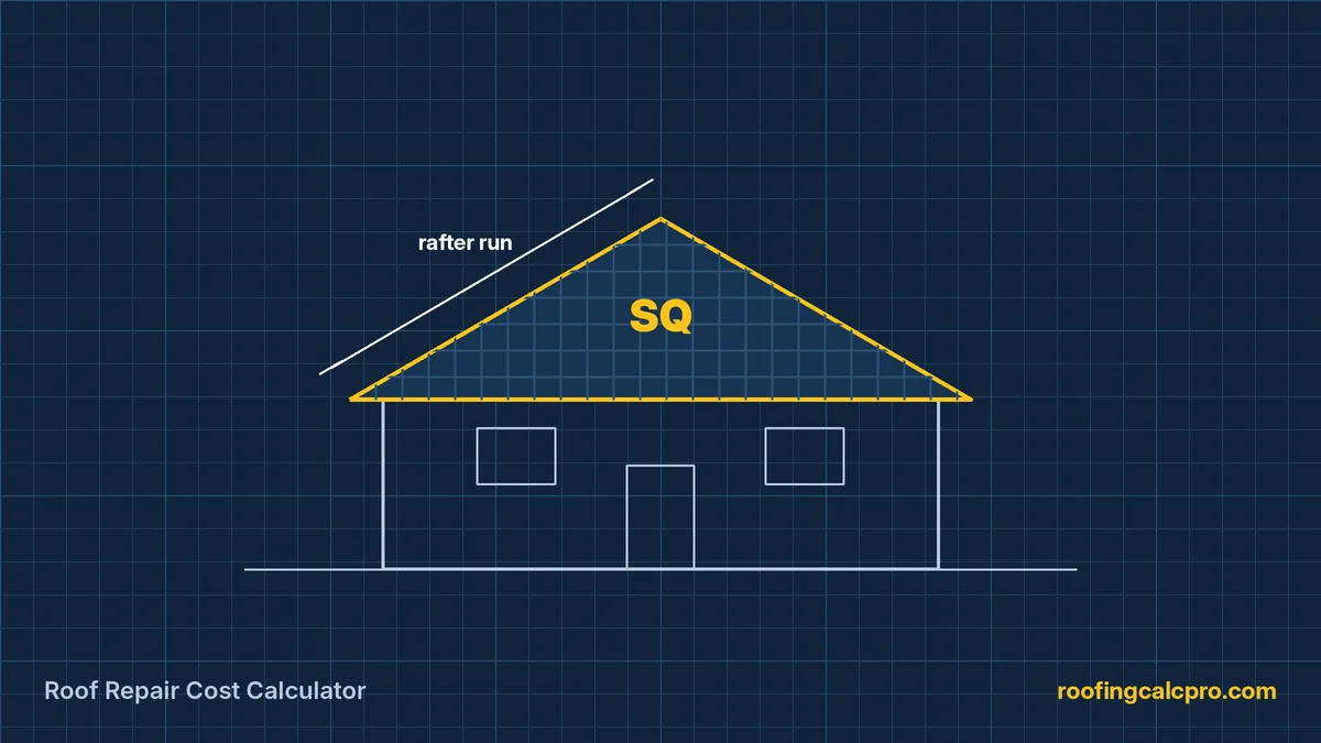 Roof Repair Cost Calculator diagram showing roof area measured in roofing squares